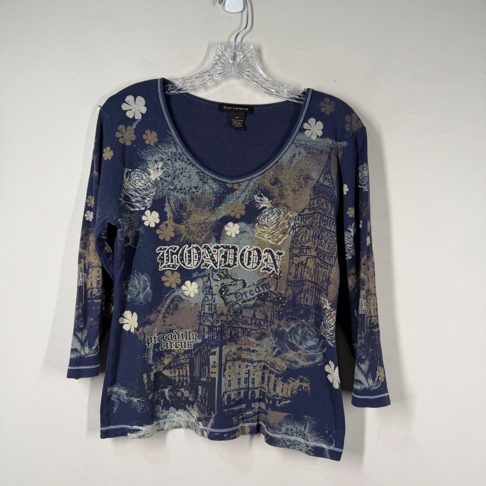 Susan Lawrence London Rhinestones Graphic Top Navy Blue Cotton 3/4 Sleeve Sz M